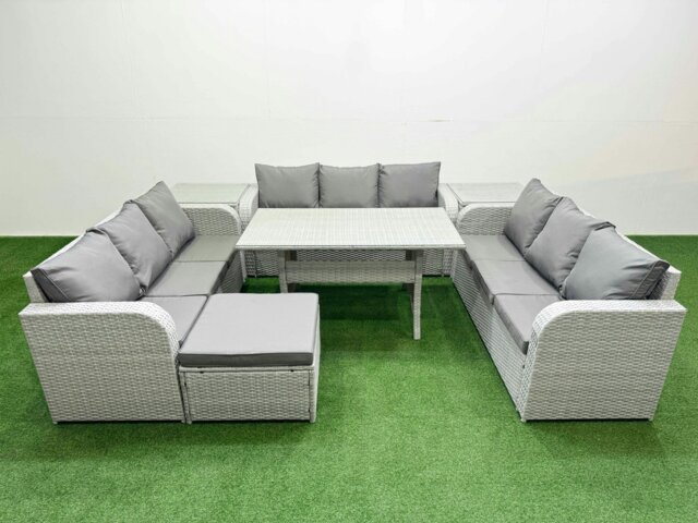 Rackhams 10-Seater PE Rattan Outdoor Lounge Sofa Set - Rectangular Dining Table, 3-Seater Sofa, Footstool, 2 Side Tables - Light Grey - image 1