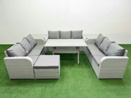 Rackhams 10-Seater PE Rattan Outdoor Lounge Sofa Set - Rectangular Dining Table, 3-Seater Sofa, Footstool, 2 Side Tables - Light Grey - thumbnail 1