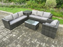 Rackhams Wicker PE Rattan Sofa Set Outdoor Patio Garden Furniture with Armchair Side Table Oblong Coffee Table Dark Grey Mixed - thumbnail 1