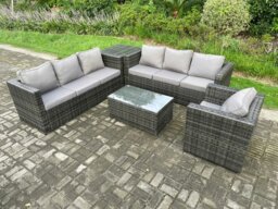 Rackhams Wicker PE Rattan Sofa Set Outdoor Patio Garden Furniture with Armchair Side Table Oblong Coffee Table Dark Grey Mixed - thumbnail 2