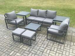 Rackhams Aluminium 7 Seater Outdoor Lounge Sofa Set Garden Furniture Sets with Square Coffee Table 2 Chairs 2 Small Footstools 2 Side Tables Dark Grey - thumbnail 2