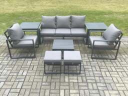Rackhams Aluminium 7 Seater Outdoor Lounge Sofa Set Garden Furniture Sets with Square Coffee Table 2 Chairs 2 Small Footstools 2 Side Tables Dark Grey - thumbnail 1