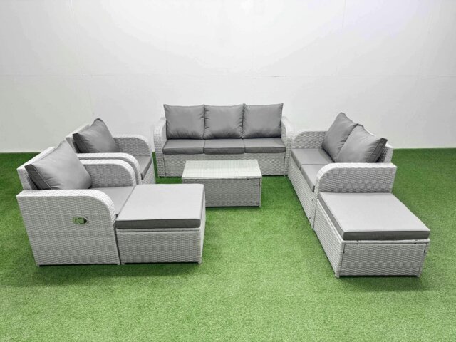 Rackhams PE Rattan Garden Furniture Set Adjustable Chair Sofa Double Love Seat 2 Seater Sofa Lounge Set Oblong Coffee Table 2 Big Footstool Light Grey - image 1
