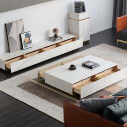 Rackhams Demelza TV Stand Set With Coffee Table, Gold Base, Sintered Stone - 200cm - With Coffee Table - thumbnail 3