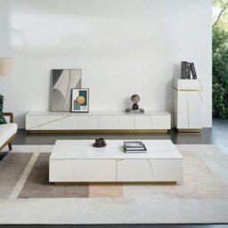 Rackhams Demelza TV Stand Set With Coffee Table, Gold Base, Sintered Stone - 200cm - With Coffee Table - thumbnail 1