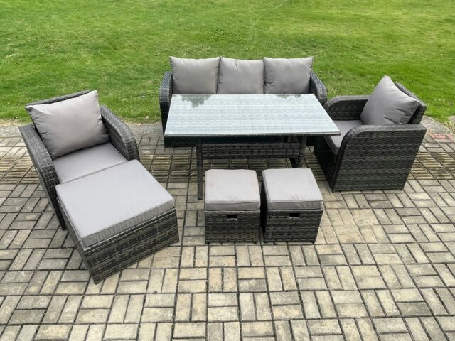 Rackhams 8 Seater Rattan Outdoor Garden Furniture Set Rectangular Dining Table and Chair Sofa Set With 3 Footstools Dark Grey Mixed - image 1