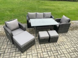 Rackhams 8 Seater Rattan Outdoor Garden Furniture Set Rectangular Dining Table and Chair Sofa Set With 3 Footstools Dark Grey Mixed - thumbnail 2