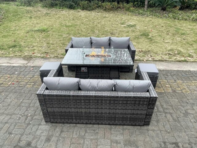 Rackhams Outdoor PE Rattan Garden Furniture Gas Fire Pit Dining Table Lounge Sofa 2 PC Footstools Dark Grey Mixed Patio - image 1
