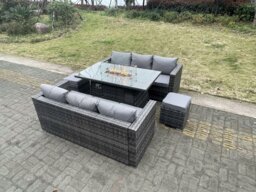 Rackhams Outdoor PE Rattan Garden Furniture Gas Fire Pit Dining Table Lounge Sofa 2 PC Footstools Dark Grey Mixed Patio - thumbnail 3