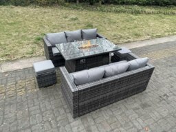 Rackhams Outdoor PE Rattan Garden Furniture Gas Fire Pit Dining Table Lounge Sofa 2 PC Footstools Dark Grey Mixed Patio - thumbnail 2