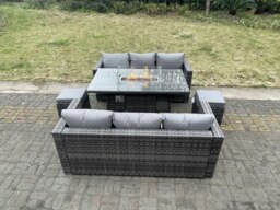 Rackhams Outdoor PE Rattan Garden Furniture Gas Fire Pit Dining Table Lounge Sofa 2 PC Footstools Dark Grey Mixed Patio