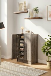 Rackhams 6-Tier Two Doors Wood Grain Shoe Cabinet - Grey - thumbnail 2