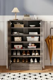 Rackhams 6-Tier Two Doors Wood Grain Shoe Cabinet - Grey