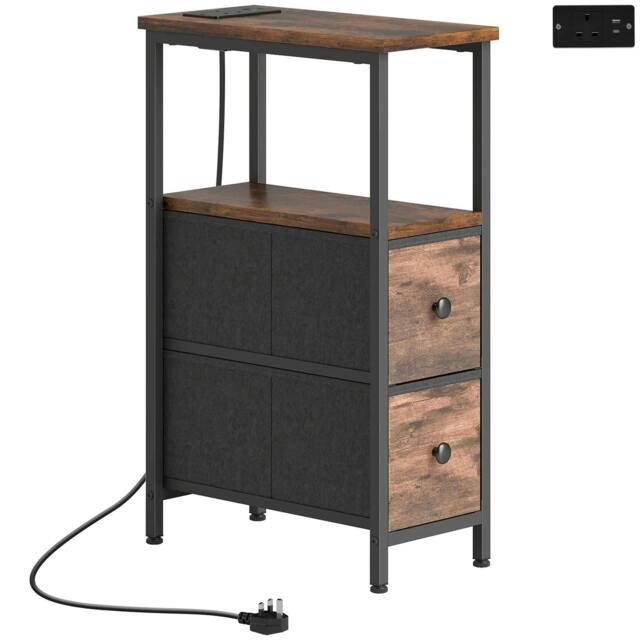 Rackhams Side Table, Narrow Bedside Table with Charging Station, 2 Drawers, AC Outlet and 2 USB Ports for Living Room, Bedroom