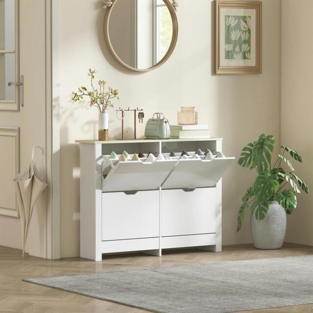 Rackhams 16-Shoe Storage Cabinet 4 Shelves 4 Drawers Tabletop White - Melamine coated - White - Particle board - image 1