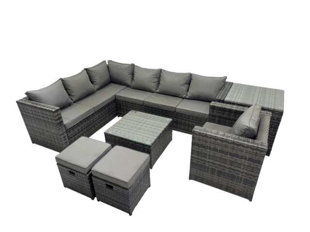 Rackhams Rattan Garden Furniture Patio Furniture Sets with Corner Sofa Chair Square Coffee Table Side Table 2 Small Footstools Dark Grey Mixed - image 1