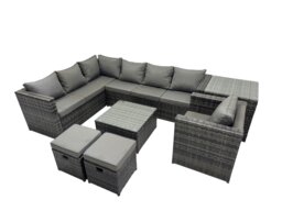 Rackhams Rattan Garden Furniture Patio Furniture Sets with Corner Sofa Chair Square Coffee Table Side Table 2 Small Footstools Dark Grey Mixed