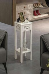 Rackhams 2-tier French Style Small Slim Accent Side Table Stand Wood Unit Nightstand with Drawer Shelf - White