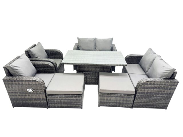 Rackhams 8 seater Patio Height Adjustable Rising Lifting Table Sofa Sets Rattan Garden Furniture Dining Set with 2 Big Footstool Dark Grey Mixed - image 1