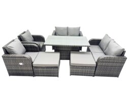 Rackhams 8 seater Patio Height Adjustable Rising Lifting Table Sofa Sets Rattan Garden Furniture Dining Set with 2 Big Footstool Dark Grey Mixed - thumbnail 1