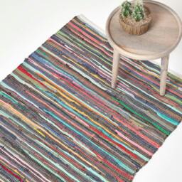 Rackhams Hand Woven Multi Coloured Striped Cotton Chindi Rug - 70 x 120 cm - thumbnail 1