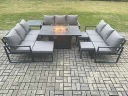 Rackhams Aluminium Garden Furniture Outdoor Set Patio Lounge Sofa Gas Fire Pit Dining Table Set with 3 Footstools Side Table Dark Grey - thumbnail 2