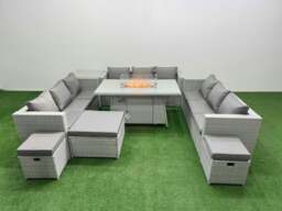 Rackhams PE Rattan Lounge Sofa Set Outdoor Garden Furniture Set with Fire Pit Dining Table 3 Seater Sofa Side Table 3 Stools Light Grey - thumbnail 1