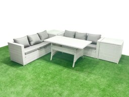 Rackhams Rattan Garden Furniture Set 6 Seater Outdoor Sofa Set with Dining Table 2 Side Tables Light Grey Mixed - thumbnail 2