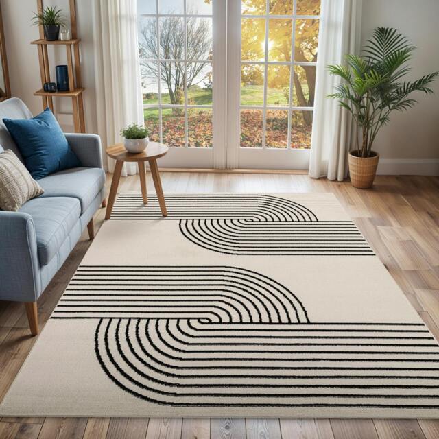 Rackhams Pisa-Modern Off-White Black Graphic Rug - 150 x 213 cm - image 1