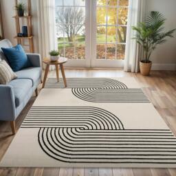 Rackhams Pisa-Modern Off-White Black Graphic Rug - 150 x 213 cm