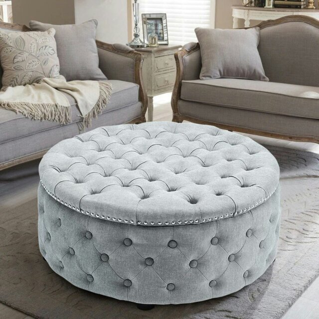 Rackhams Dia 75cm Linen Tufted Round Cocktail Ottoman with Solid Wood - Grey White - image 1