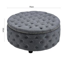 Rackhams Dia 75cm Linen Tufted Round Cocktail Ottoman with Solid Wood - Grey White - thumbnail 4