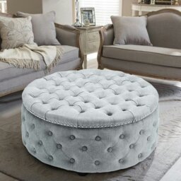 Rackhams Dia 75cm Linen Tufted Round Cocktail Ottoman with Solid Wood - Grey White