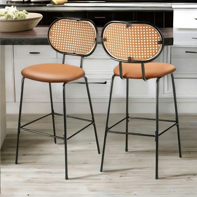 Rackhams Faux Leather Bar Stools Set With Rattan Back Brown - image 1