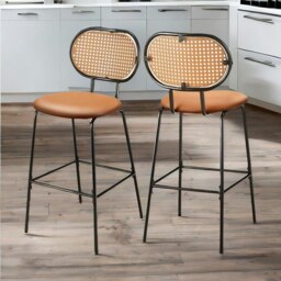 Rackhams Faux Leather Bar Stools Set With Rattan Back Brown - thumbnail 4