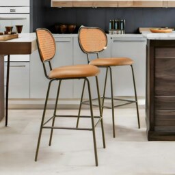 Rackhams Faux Leather Bar Stools Set With Rattan Back Brown - thumbnail 3