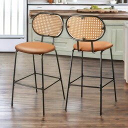 Rackhams Faux Leather Bar Stools Set With Rattan Back Brown - thumbnail 5