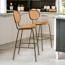 Rackhams Faux Leather Bar Stools Set With Rattan Back Brown - thumbnail 2