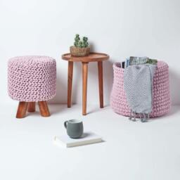 Rackhams Tall Cotton Knitted Footstool on Legs - Pink - thumbnail 6