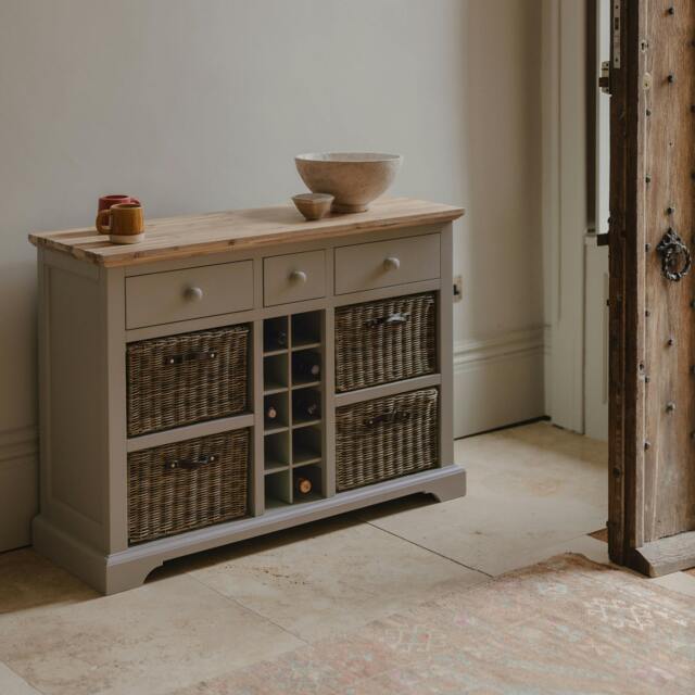 Rackhams Florence Wooden Sideboard with Wine Rack, 3 Drawers and Storage Baskets - Truffle, Beige - image 1