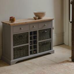 Rackhams Florence Wooden Sideboard with Wine Rack, 3 Drawers and Storage Baskets - Truffle, Beige - thumbnail 2