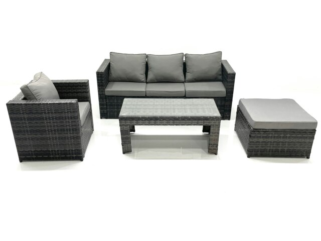 Rackhams Rattan Garden Furniture Set Outdoor Lounger Sofa with Coffee Table Armchair Big Footstool Dark Grey Mixed - image 1