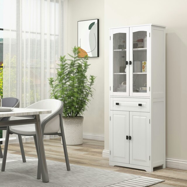 Rackhams Kitchen Cupboard Storage Cabinet Adjustable Shelves, Glass Door, 160cm - White - image 1