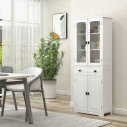 Rackhams Kitchen Cupboard Storage Cabinet Adjustable Shelves, Glass Door, 160cm - White