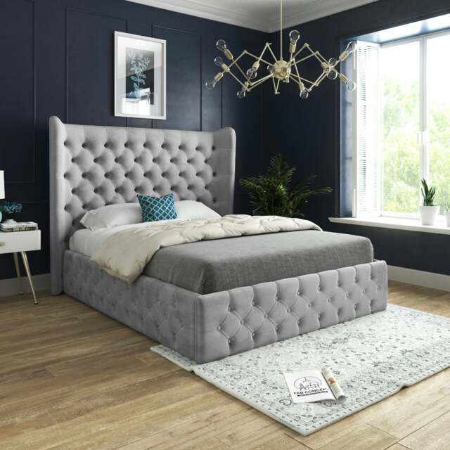 Rackhams Florence Wide Winged Upholstered Soft Velvet Bed Frame - Grey - Grey - Small single - image 1