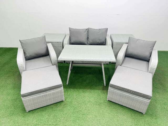 Rackhams Light Grey PE Wicker Rattan Garden Furniture Set Sofa Set Reclining Chair Love Sofa Rectangular Dining Table 2 Big Stools 2 Side Tables - image 1
