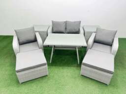 Rackhams Light Grey PE Wicker Rattan Garden Furniture Set Sofa Set Reclining Chair Love Sofa Rectangular Dining Table 2 Big Stools 2 Side Tables - thumbnail 1