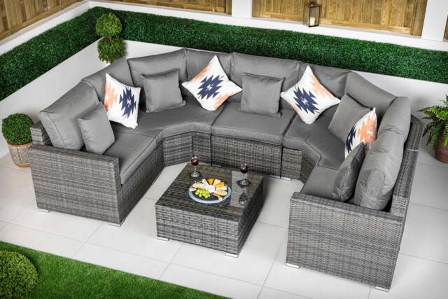 Rackhams Santorini 5 Seat Modular Sofa Rattan Garden Furniture Set Outdoor Lounge Coffee Table - Grey - 1