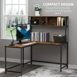 Rackhams L Shaped Desk with Book Shelf, Industrial Corner Computer Desk, Writing Table with Steel Frame, 140 x 125cm, Brown - thumbnail 4