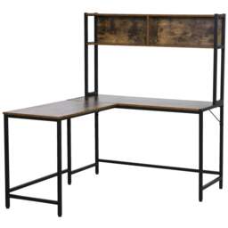 Rackhams L Shaped Desk with Book Shelf, Industrial Corner Computer Desk, Writing Table with Steel Frame, 140 x 125cm, Brown - thumbnail 1